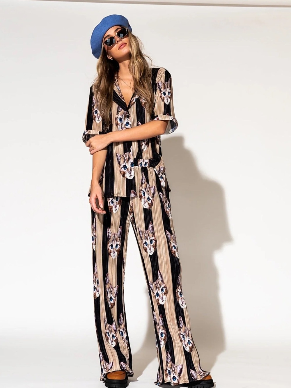 Dressed in LALA Pleated Floral-Stripe Set in Black and Cream